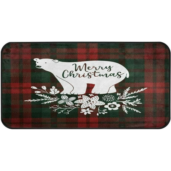 Coolnut Kitchen Rugs,Christmas Tartan Polar Bear Non Slip Washable Cushioned Carpets Polyester AntiFatigue Comfort Porch Floor Mat Christmas Decoration 39×20 in
