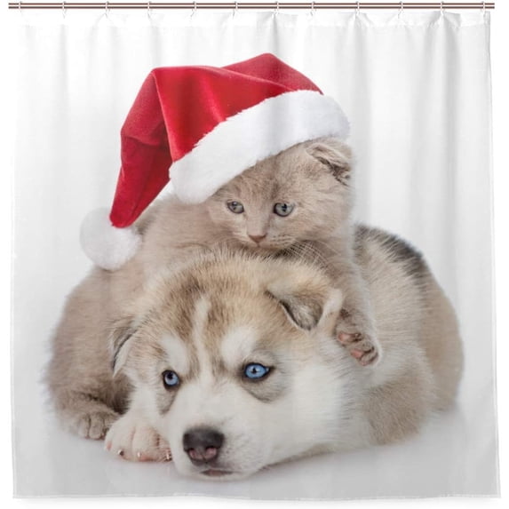 Coolnut Kitten and Husky Puppy with Santa Hat Bath Shower Curtain Liners 72x72in 100% Polyester Waterproof with Curtain Hook
