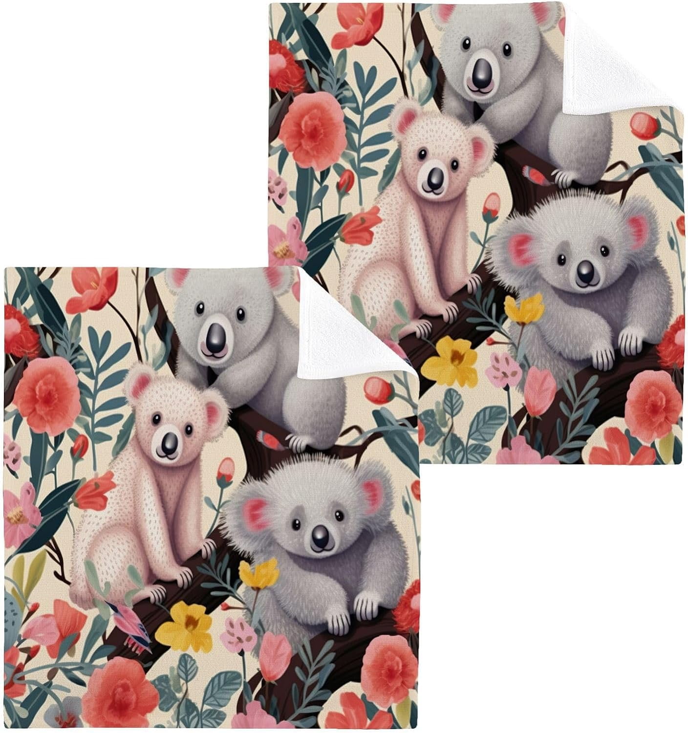 Coolnut Koalas Flowers Cotton Washcloths Set of 2, 12"x12" Soft