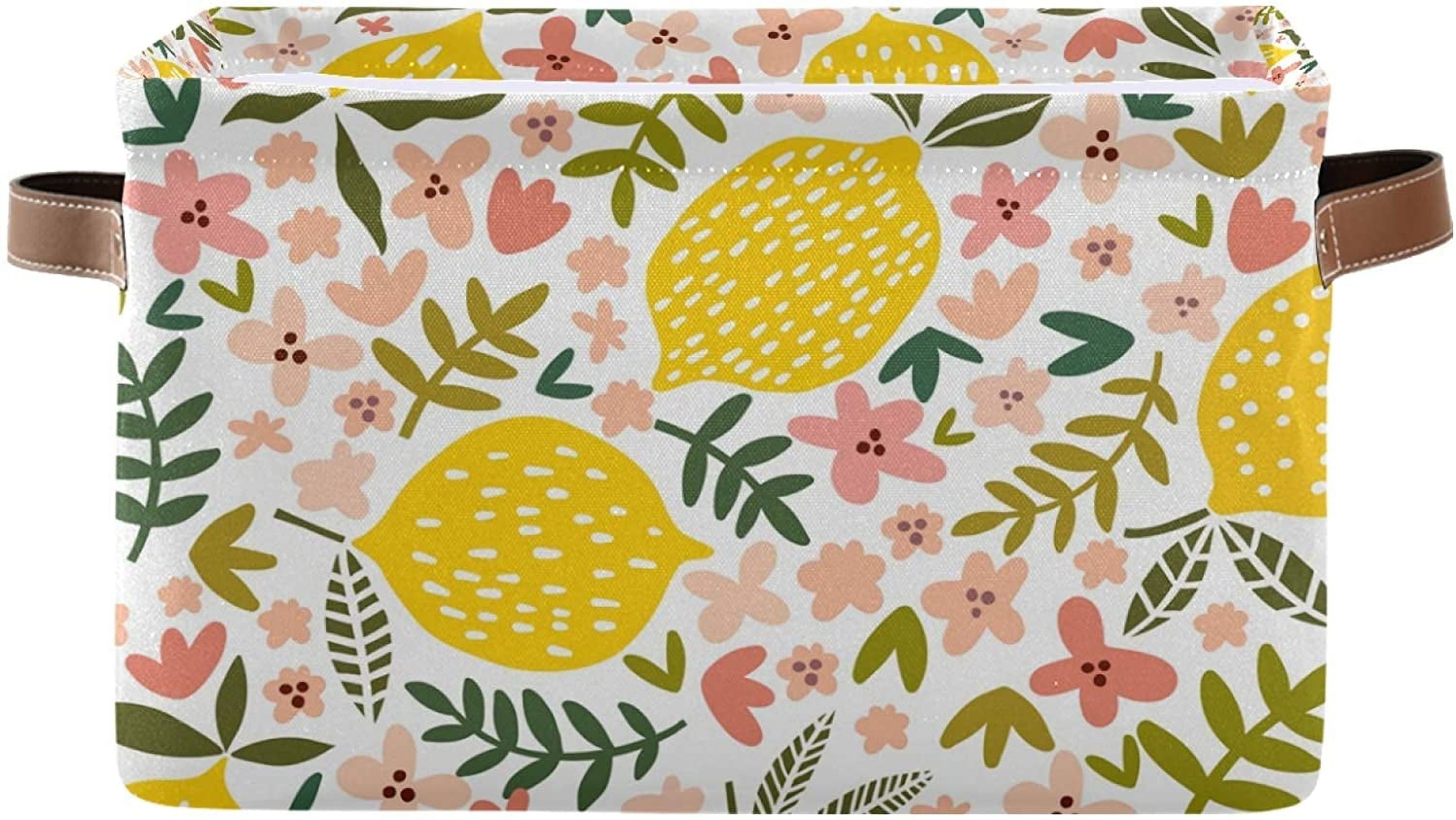 MNSRUU Collapsible Storage Basket - Lemon Floral Pattern, Large Capacity Foldable Organizer With PU Handles, Waterproof