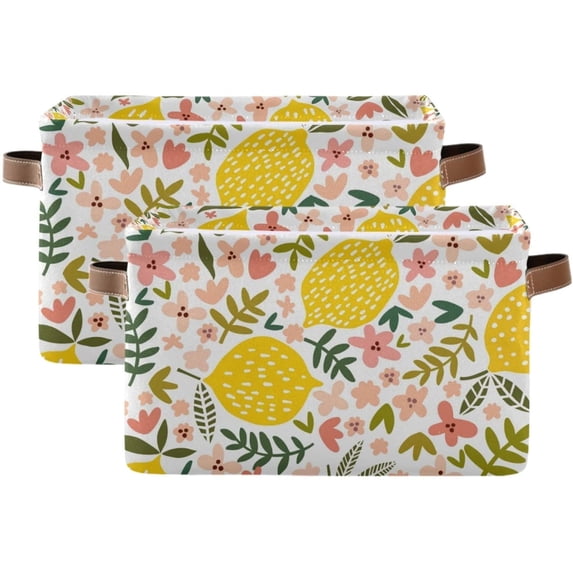 Coolnut Large Foldable Storage Bin Beautiful Floral Lemon Fabric Storage Baskets Collapsible Decorative Baskets Organizing Basket Bin with PU Handles for Shelves Home Closet-2Pack Decor Gifts