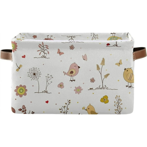 Coolnut Large Foldable Storage Bin Cute Birds Floral Fabric Storage Baskets Collapsible Decorative Baskets Organizing Basket Bin with PU Handles for Shelves Home Closet-1Pack Decor Gifts