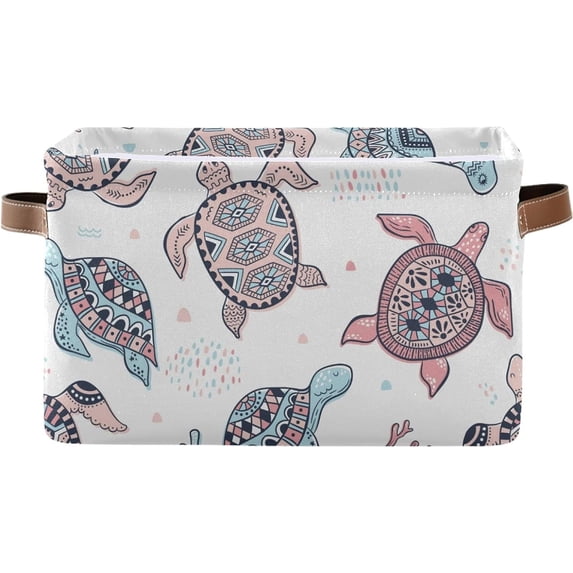 Coolnut Large Foldable Storage Bin Cute Sea Turtles Fabric Storage Baskets Collapsible Decorative Baskets Organizing Basket Bin with PU Handles for Shelves Home Closet-1Pack Decor Gifts