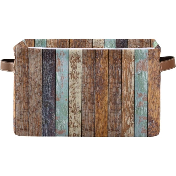 Coolnut Large Foldable Storage Bin Vintage Retro Wooden Fabric Storage Baskets Collapsible Decorative Baskets Organizing Basket Bin with PU Handles for Shelves Home Closet-1Pack Decor Gifts