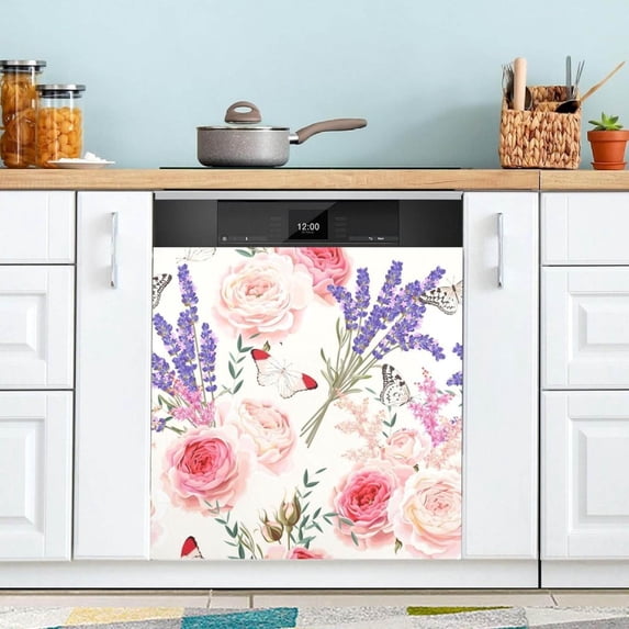 Coolnut Lavender Flower Pattern Dishwasher Magnet Cover for The Front Door,Reusable Refrigerator Door Decor Magnet Sticker for Kitchen Home Decor 23" x 26"