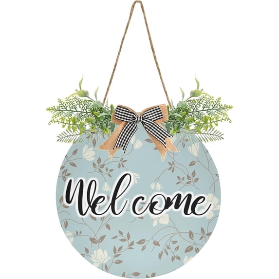 Coolnut Light Blue Floral Front Door Round, Hanging Welcome Sign, Front Door for Home, Farmhouse, Porch, Wall Hanging, Outdoor Home Decor