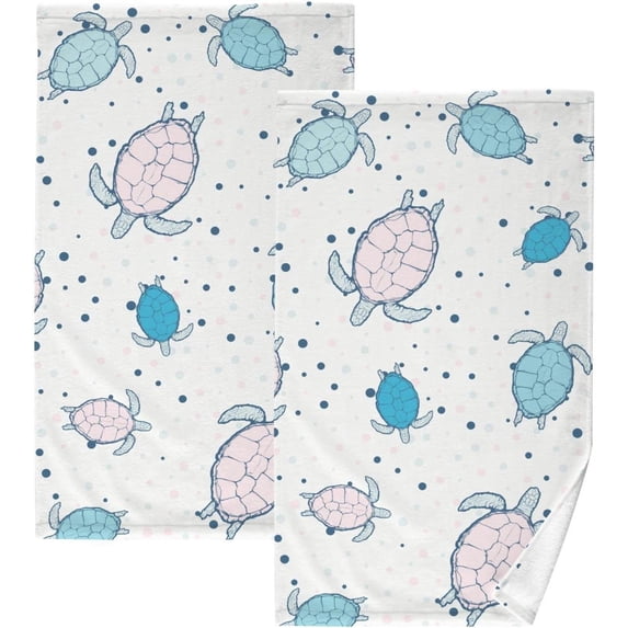 Coolnut Light Color Turtle Patterned Hand Towels 2 PCS, Cotton Bath Towel for Drying Face Hands Body Decorative Water Absorbent Lightweight Towels for Bathroom Ktichen Travel Gym, 16"x28"