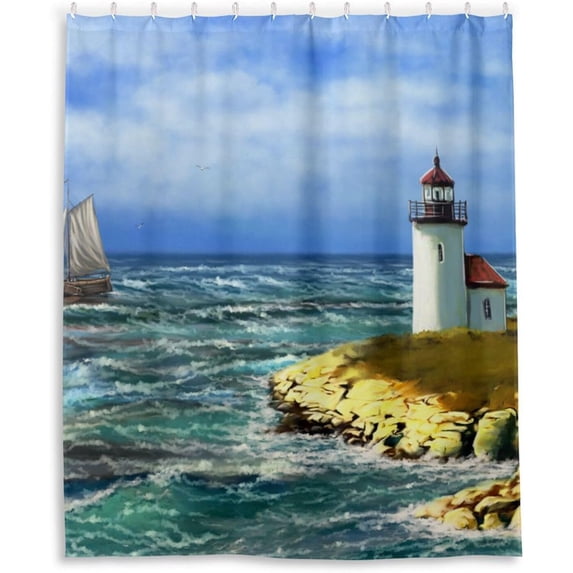 Coolnut Lighthouse Landscape Bathroom Waterproof Shower Curtain Set Bathtub Curtain with 12 Hooks for Bathroom Decor,Hotel,Room,60x72Inch