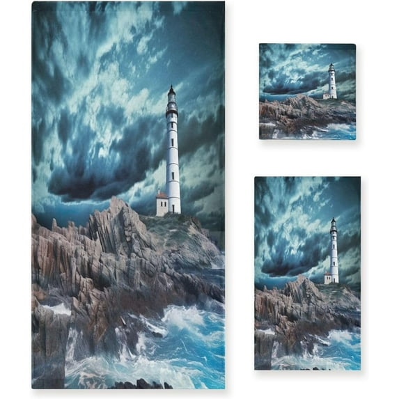 Coolnut Lighthouse on Rocks Towels Absorbent Bath Towels Set Soft & Comfortable Towel Set for Home Hotel Decor, 3 Piece Washcloth Gift