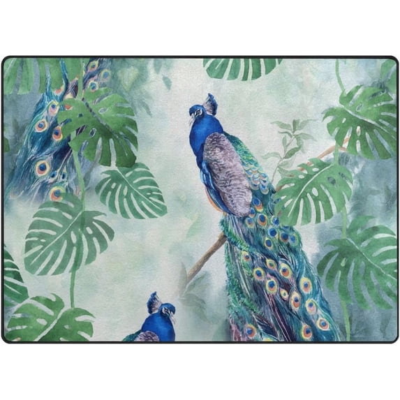Coolnut Lightweight Carpet Mats, 5'3" x 4' Area Soft Rugs, Floor Mat Rug Home Decoration for Kids Room Living Room, 63"x 48" Watercolor Peacock Painting