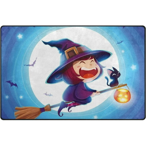 Coolnut Lightweight Non Slip Carpet Mats 60 x 39 inch (5'x 3'3"), Area Soft Rugs Floor Mat Rug Decoration for Kids Room Living Room Halloween Flying Little Witch On Blue