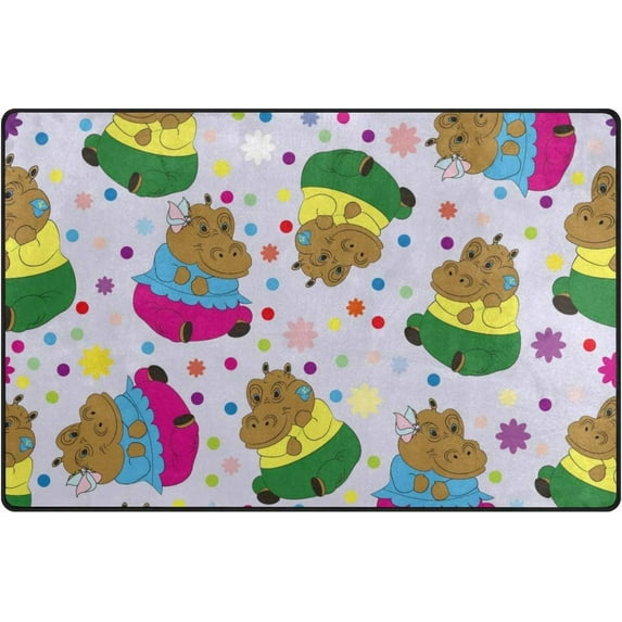 Coolnut Lightweight Soft Area Rugs 60 x 39 inch (5'x 3'3"), Hippos Flowers and Butterfly Floor Mat for Kids Playing Room Hardwood Floor Living Room Nursery Rugs