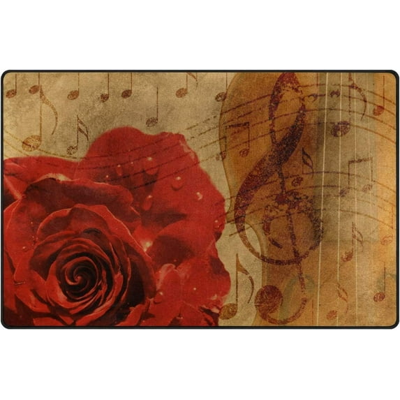 Coolnut Lightweight Soft Area Rugs 60x39 inch, Red Rose Music Note Floor Mat for Kids Playing Room Hardwood Floor Living Room Nursery Rugs