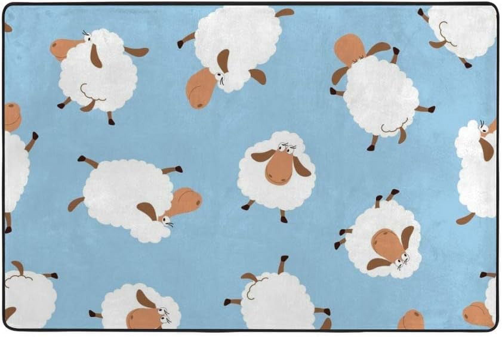Whimpsy Rug Sheep Coolnut Lightweight Soft Area Rugs 63 x 48 in, White Sheep On Blue ...