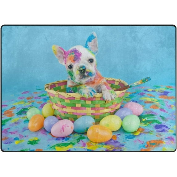 Coolnut Lightweight Soft Area Rugs, 80 x 58 inch(6'8" x 4'10") French Bulldog Sitting Easter Basket Floor Mat for Kids Playing Room Hardwood Floor Living Room Nursery Rugs