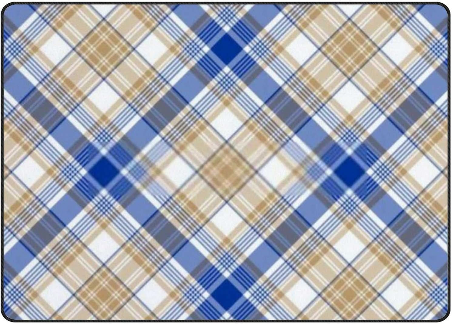 Beige Red And Blue Plaid Tartan Floor Mat