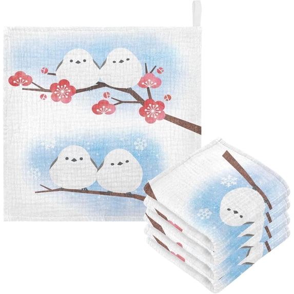 Coolnut Long-Tailed Tits and Snow Baby Muslin Washcloths Face Towel, 3 PCS Winter Burp Cloths Cotton Wipes Infant Wash Cloth for Newborn Boys Girls 12x12 inches
