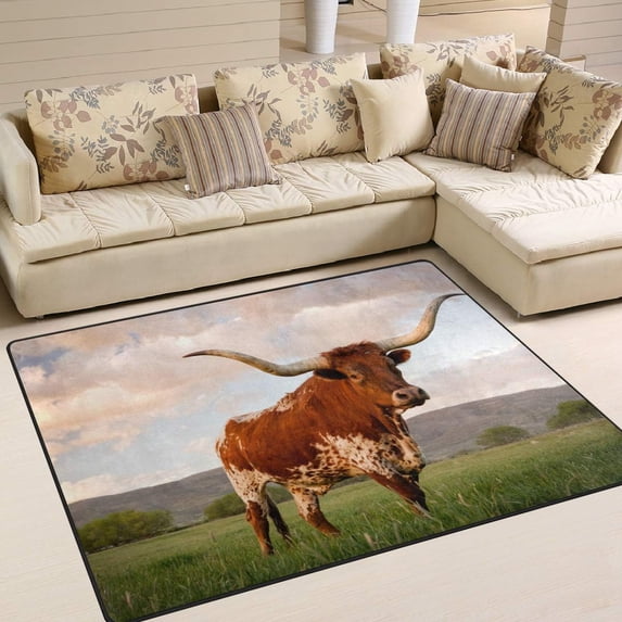 Coolnut Longhorn at Sunset Lightweight Area Rugs Carpet Mats Floor Rug Home Decor for Kids Room Living Room, 63"x 48"
