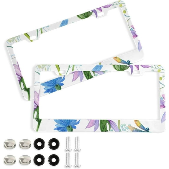 Coolnut Lotus Dragonfly 2 Holes Car License Plate Frames 2PCS, Car License Plate Holder with Screw Caps Cover Set Automotive Exterior Parts Decoration for US Vehicles