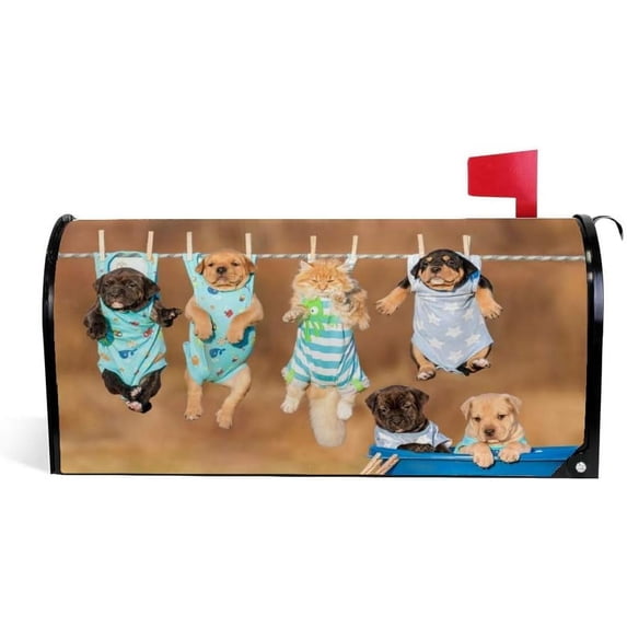Coolnut Mailbox Covers Magnetic Oversize Staffordshire Terrier Puppies with Cat Hanging Seasonal Mail Wraps for Home Outdoor Decor, 25.4"x20.78"