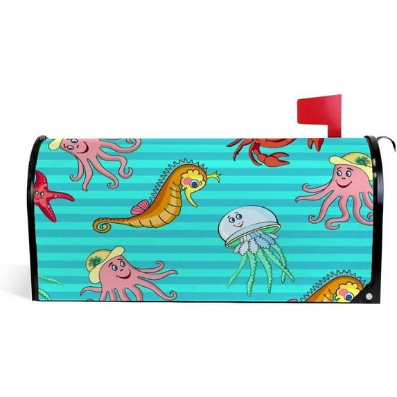 Coolnut Mailbox Covers, Magnetic Standard Size Sea Inhabitants On Stripes Seasonal Mail Wraps for Home Outdoor Decor, 20.7"x18.03"