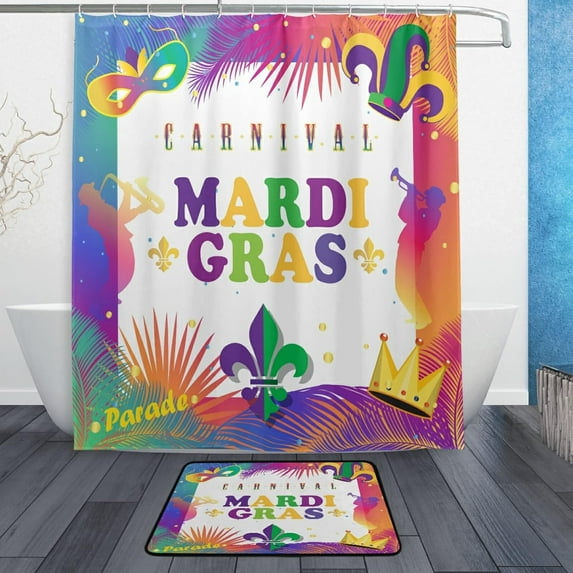 Coolnut Mardi Gras Bath Curtain Rugs Sets 2 Pcs, Mardi Gras Colorful Heraldic Lilyes Bathroom Theme Set with Shower Curtain and Non-Slip Carpet -12 Hooks-60X72in Home Decor