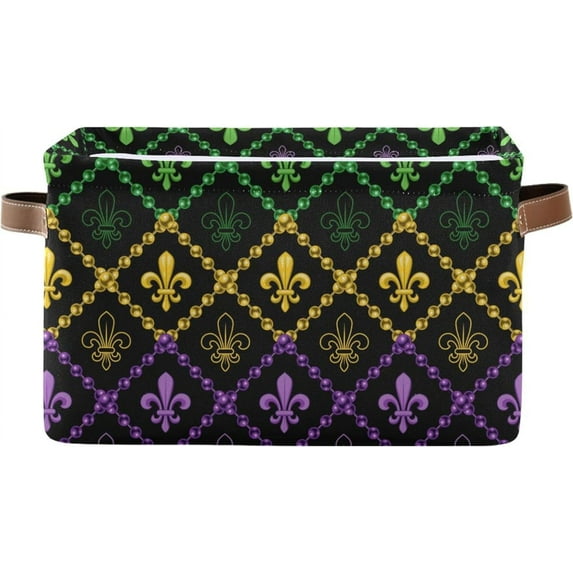 Coolnut Mardi Gras Storage Basket Foldable Storage Bin, Canvas Rectangular Storage Basket with Leather Handles for Home Closet & Office Decor Gifts