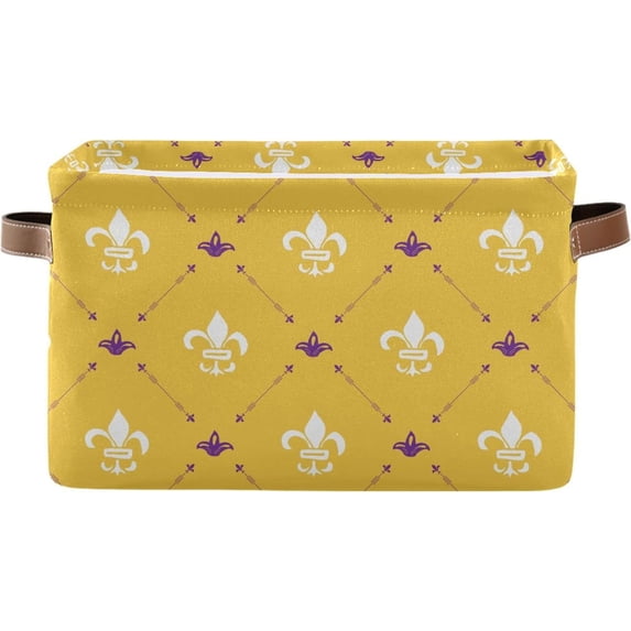 Coolnut Mardi Gras Storage Basket Foldable Storage Bin, Canvas Rectangular Storage Basket with Leather Handles for Home Closet & Office Decor Gifts