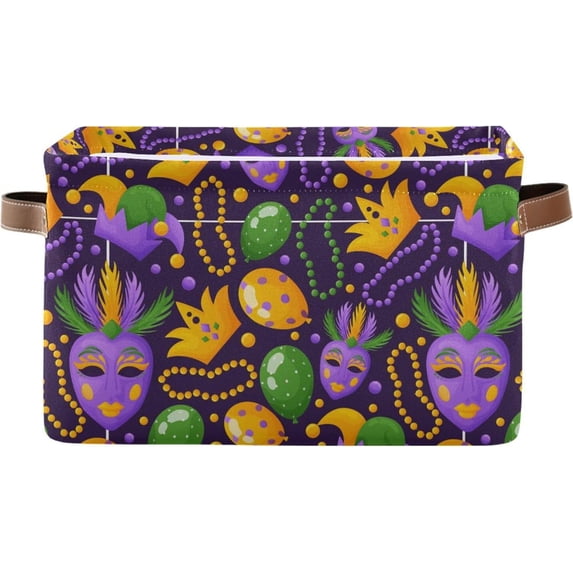 Coolnut Mardi Gras Storage Basket Foldable Storage Bin, Canvas Rectangular Storage Basket with Leather Handles for Home Closet & Office Decor Gifts