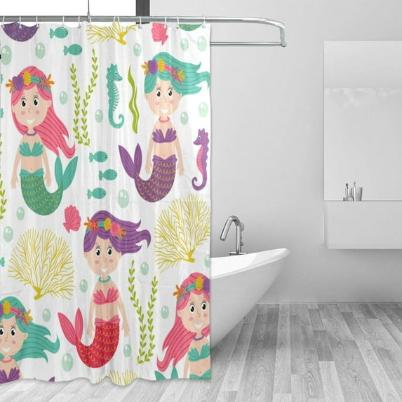 Coolnut Mermaids Sea Horses Bath Shower Curtain Liners 72"x72", 100% Polyester Waterproof with C-Shaped Curtain Hook Modern Bathroom Decoration 1 Panel