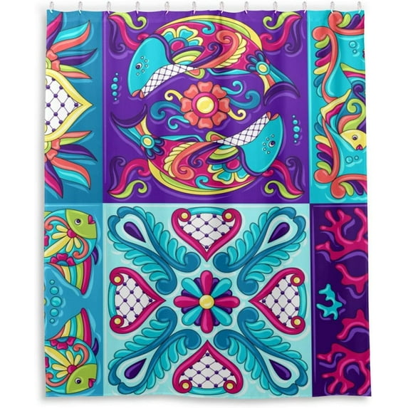 Coolnut Mexican Talavera Ceramic Blue Shower Curtain Bathroom Decor Watercolor Shower Curtain Sets Fabric Cloth Bathroom Curtains with Hooks 60x72 Inch