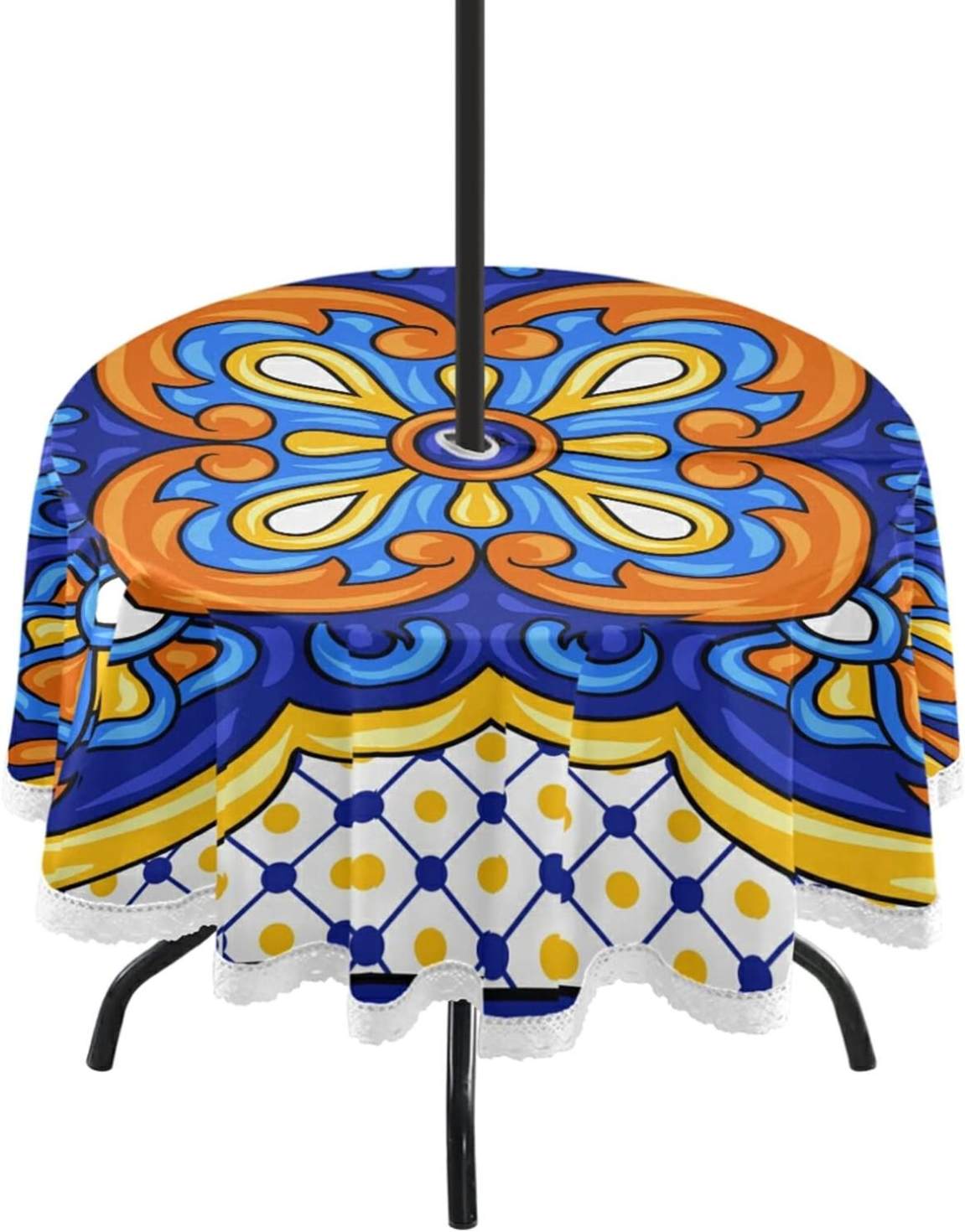 Coolnut Mexican Talavera Ceramic Tile Pattern Round Tablecloth 60In ...