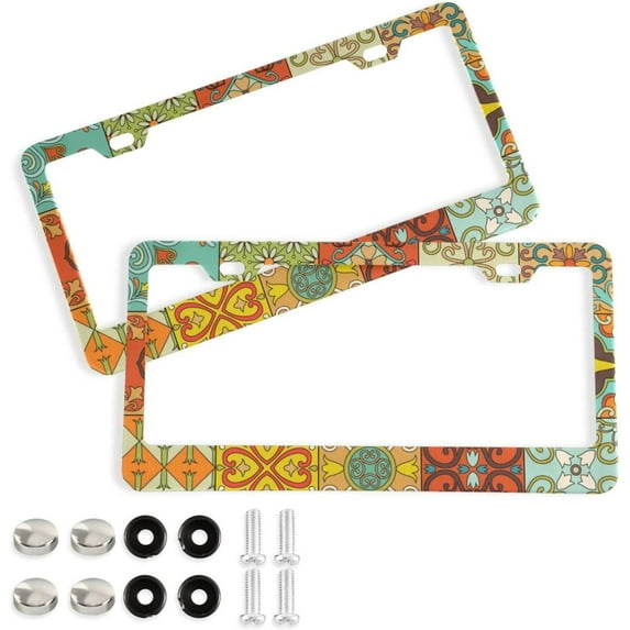 Coolnut Mexican Talavera License Plate Frames 2 Pack, Waterproof Aluminum Alloy Car Tag Holder 2 Holes License Plate Covers with Screw Caps Auto Accessories