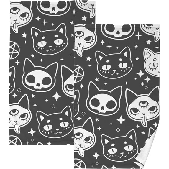 Coolnut Monster Cat Patterned Hand Towels 2 PCS, Cotton Bath Towel for Drying Face Hands Body Decorative Water Absorbent Lightweight Towels for Bathroom Ktichen Travel Gym, 16"x28"