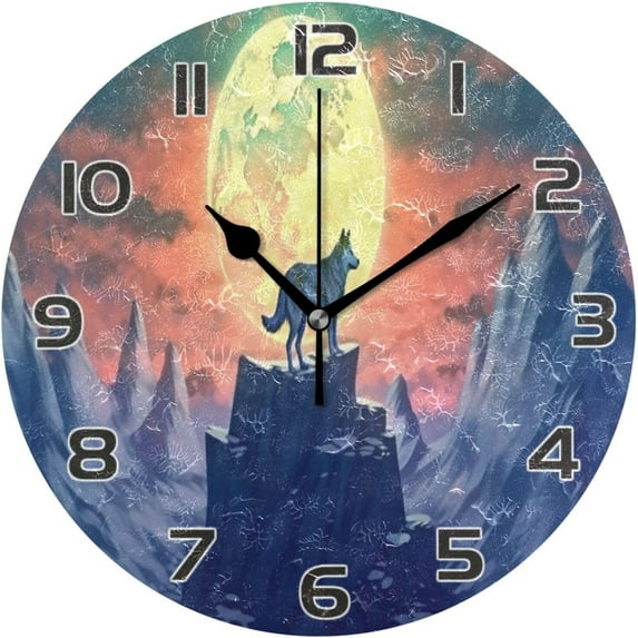 Coolnut Mountain Full Moon Wolf Wall Clock Round Vintage Silent Non Ticking Battery Operated Accurate Arabic Numerals Design for Home Kitchen Living Room Bedroom 10 Inch Home Decor