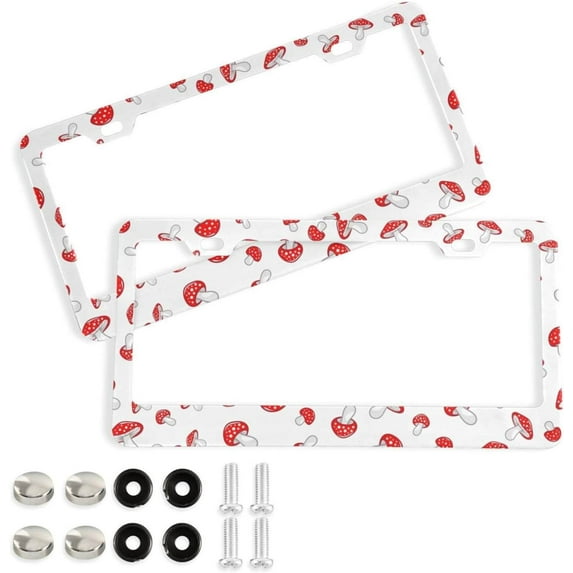 Coolnut Mushroom Pattern 2 Holes Car License Plate Frames 2PCS, Car License Plate Holder with Screw Caps Cover Set Automotive Exterior Parts Decoration for US Vehicles