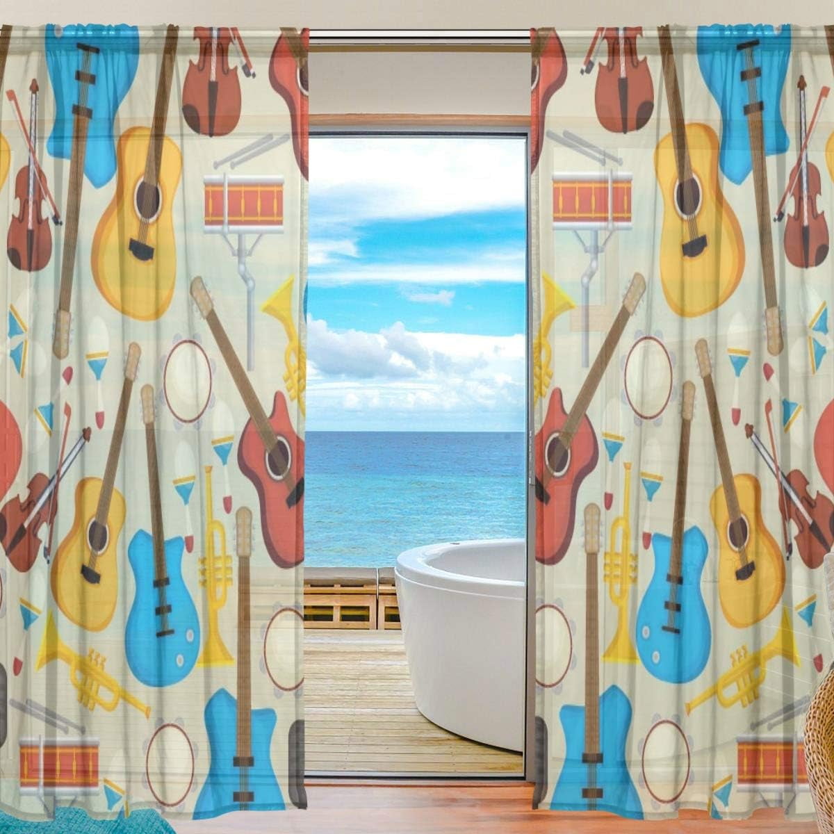 Coolnut Musical Instruments Pattern Semi Sheer Curtains, 78"x55" Window