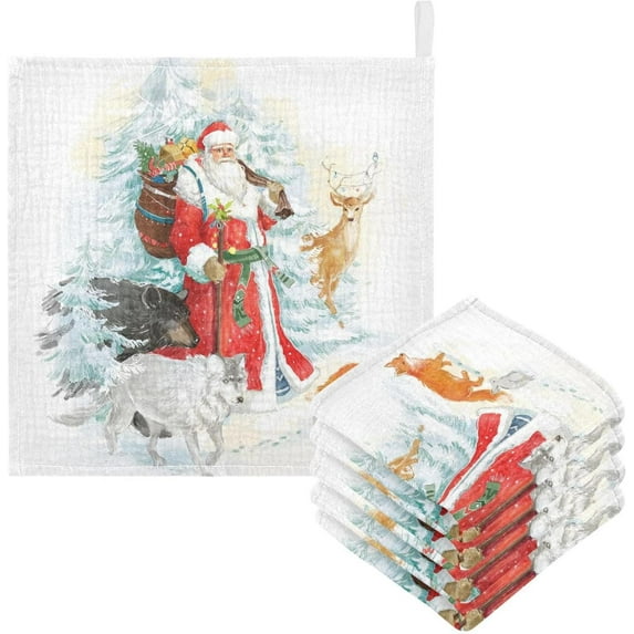 Coolnut New Year's Santa Claus Baby Muslin Washcloths Face Towel, Christmas Forest Burp Cloths Cotton Wipes 5 PCS Infant Wash Cloth for Newborn Boys Girls 12x12 inches
