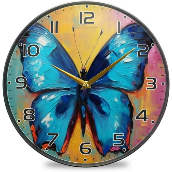 Coolnut Oil Painting Butterfly Wall Clock Round Silent Non Ticking Battery Operated Accurate Arabic Numerals Design Clocks for Home Kitchen Living Room Bedroom 9.5inch Home Decor