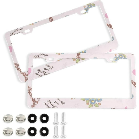 Coolnut Paris Eiffel Tower License Plate Frames 2 Pack, Waterproof Aluminum Alloy Car Tag Holder 2 Holes License Plate Covers with Screw Caps Auto Accessories