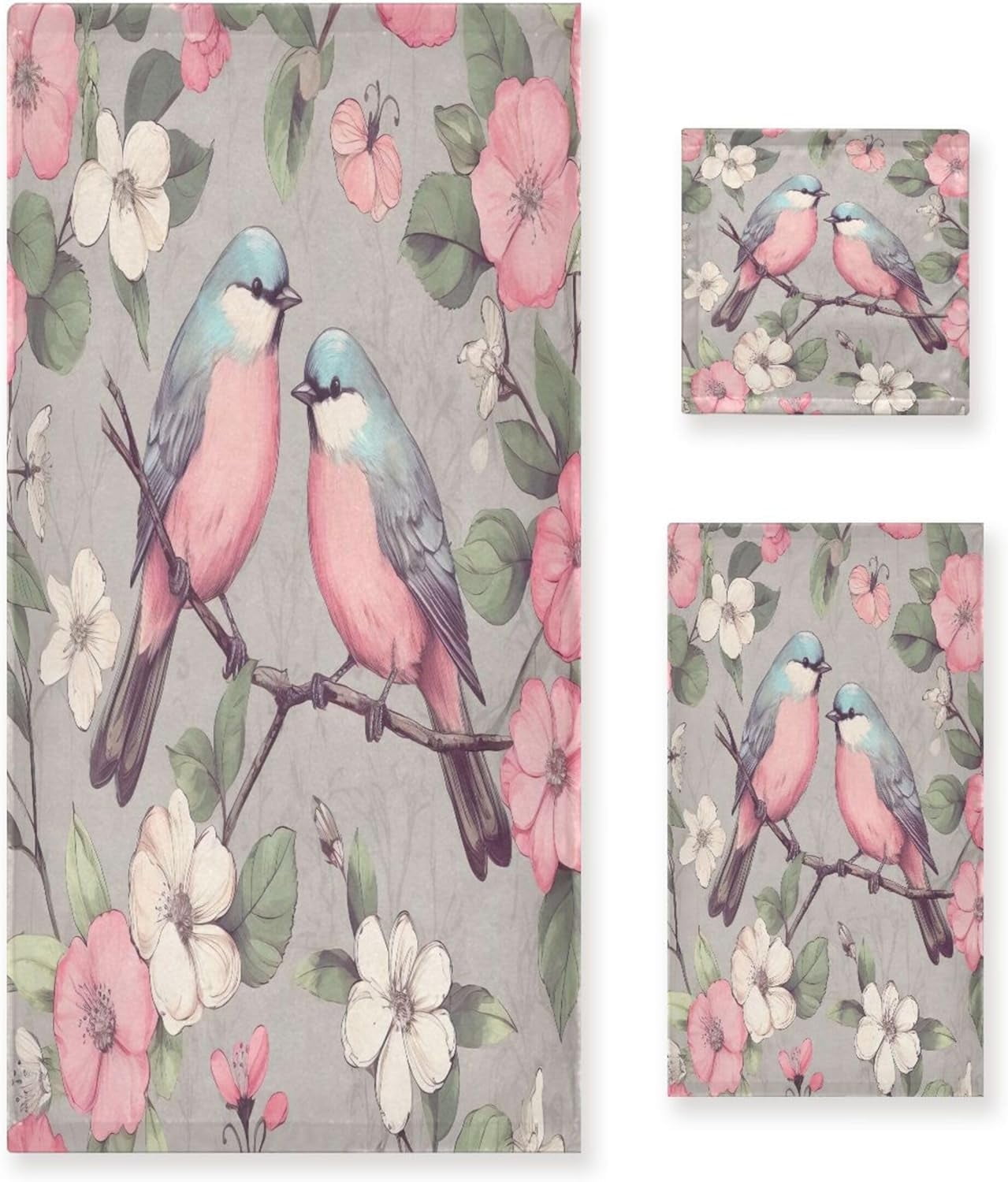 Coolnut Pink Birds Bathroom Towel Set of 3 with Hand Towel, Wash Cloths ...