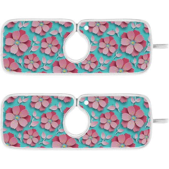 Coolnut Pink Flower Sink Splash Guard for Faucet 2 Packs Faucet Absorbent Mats, Peach Blossom Faucet Handle Drip Catcher Quickly Drying Mat for Kitchen Counter Bathroom, 14.9"x5.5"
