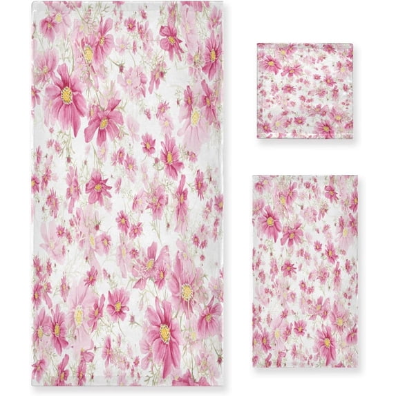 Coolnut Pink Flowers Bath Towel Set of 3, Highly Absorbent & Soft Bathroom Towels Set Quick Dry Towels Set for Bathroom Spa Beach (1 Bath Towels, 1 Hand Towel, 1 Washcloth) Washcloth Gift