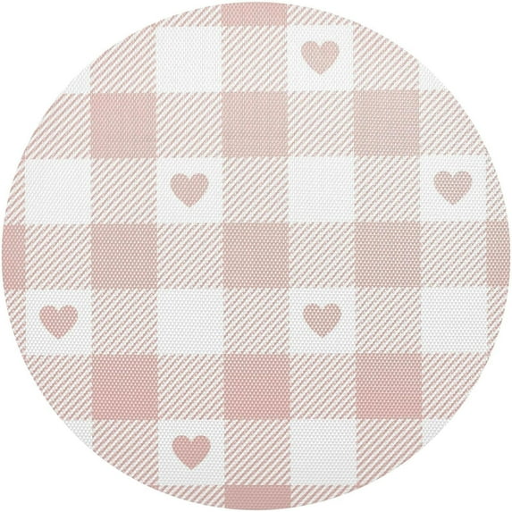 Coolnut Pink Hearts Buffalo Plaid Round Placemat Set of 1, Non-Slip Heat Resistant & Waterproof Plate Pads for Dinner Table Table Placemats, 15.4 in Home Decor