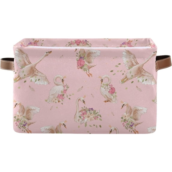 Coolnut Pink Swan Princesses Storage Basket Foldable Storage Bin, Canvas Rectangular Storage Basket with Leather Handles for Home Closet & Office Decor Gifts