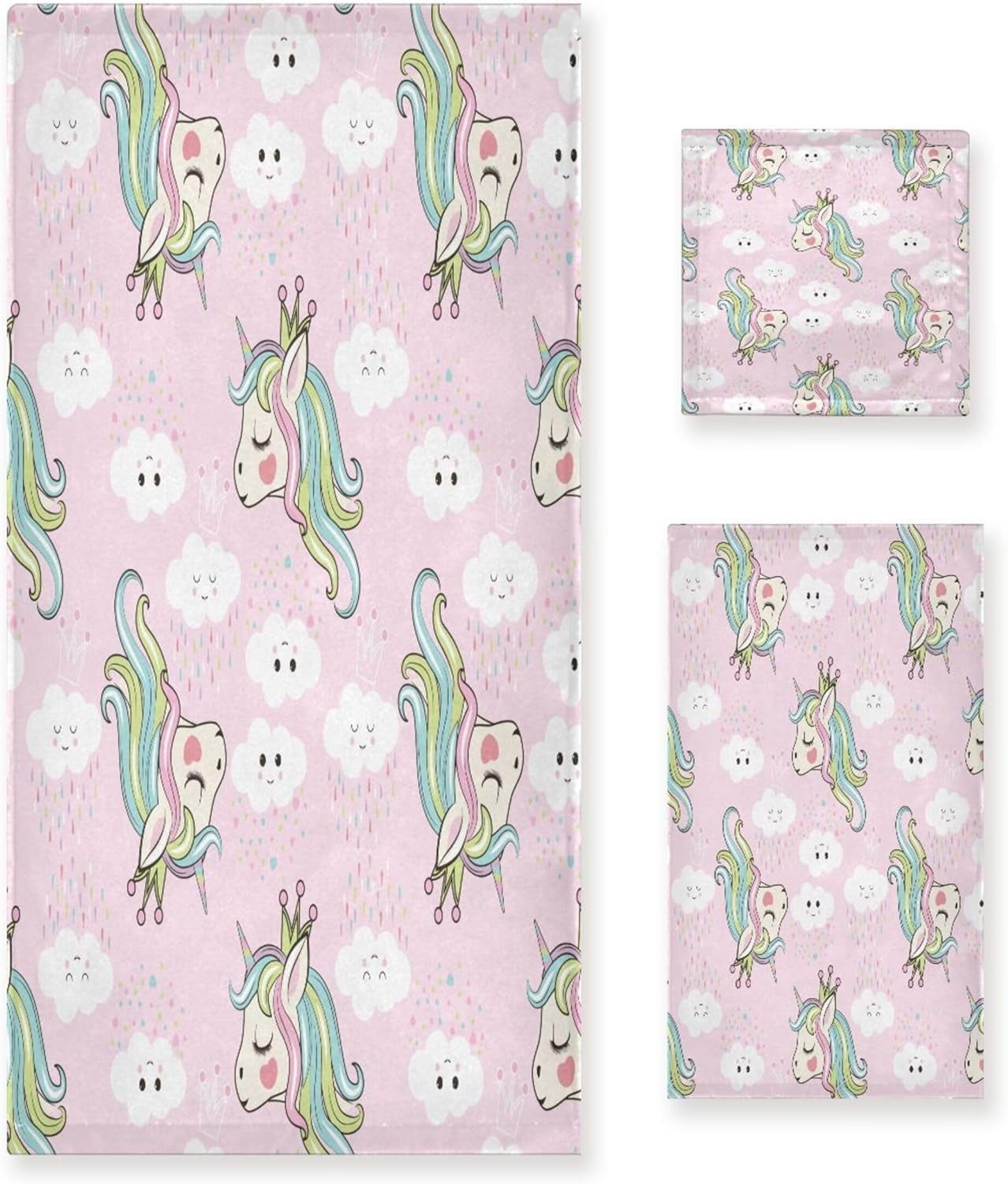 Coolnut Pink Unicorn Bathroom Towel Set Absorbent Soft 3-Piece Bath ...