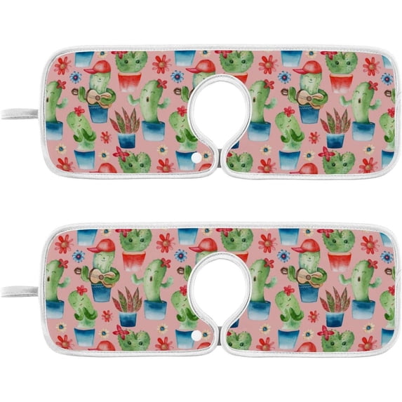 Coolnut Pink Watercolor Cacti Sink Splash Guard for Faucet 2 Packs Faucet Absorbent Mats, Funny Cactus Faucet Handle Drip Catcher for Kitchen, Bathroom,Sink Mat, Dish Drying Mat, 30"x5.5"