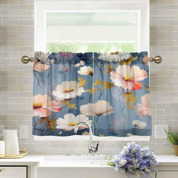 Coolnut Pink White Flower Kitchen Curtains 24 Inch Length Blackout Thermal Insulating Tier Curtains with Rod Pockets Short Curtains Home for Living Room/Bedroom Home Decor