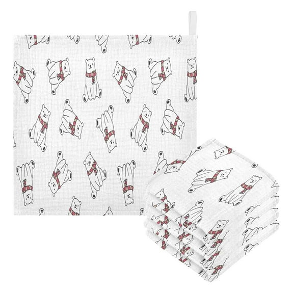 Coolnut Polar Bear Scarf Baby Muslin Washcloths Face Towel, Cartoon Pattern Burp Cloths Cotton Wipes 5 PCS Infant Wash Cloth for Newborn Boys Girls 12x12 inches