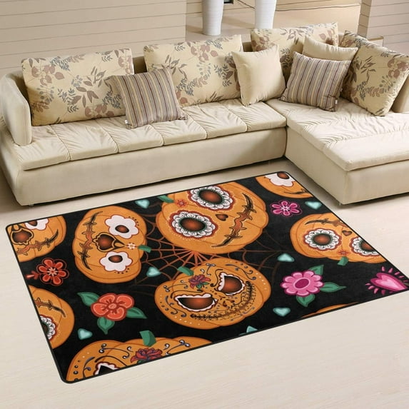 Coolnut Pumpkin Flowers Spiderweb Area Rug Carpet Living Room Bedroom 3'x2'